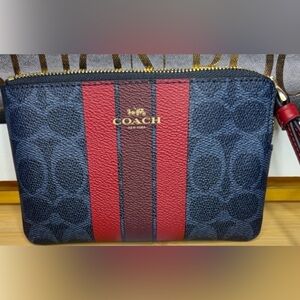 Coach ❤️ NWT Navy Signature Stripe Zip Wristlet with Red Accents